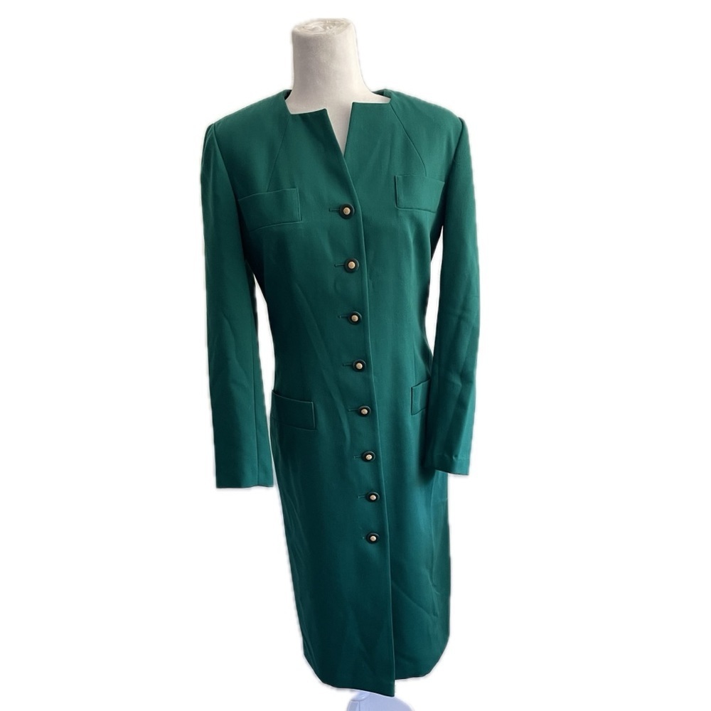Vintage 90s Louis Feraud Dark Green Virgin Wool Black Midi Dress Womens Size 8 - Picture 2 of 10